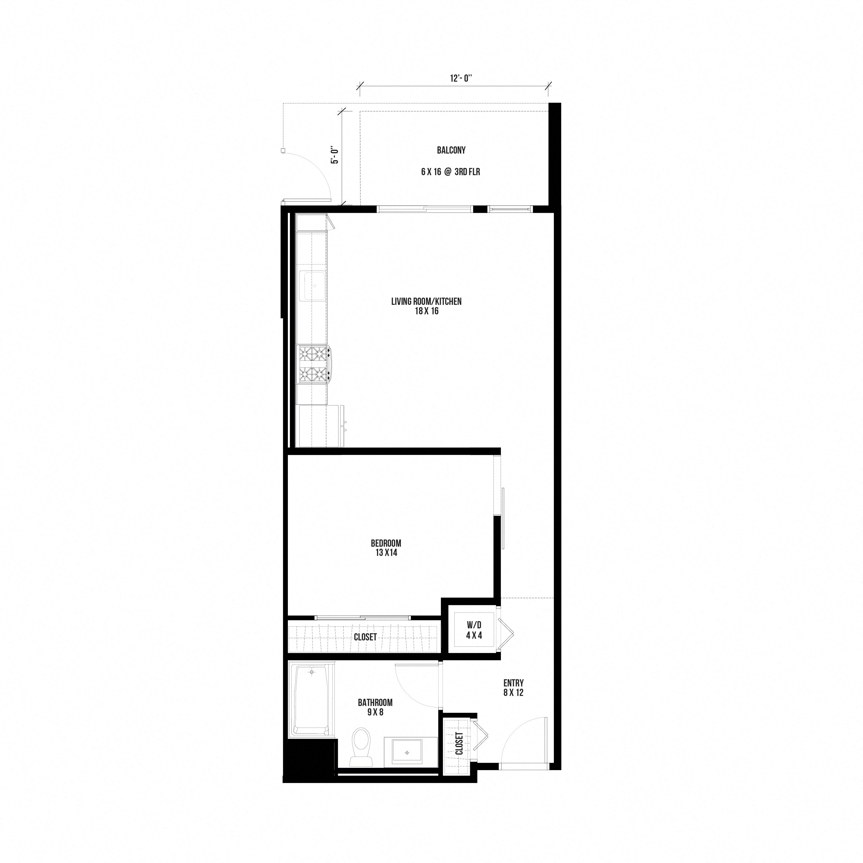 Floor plan for 1 bed, 1 bath, 673 sqft